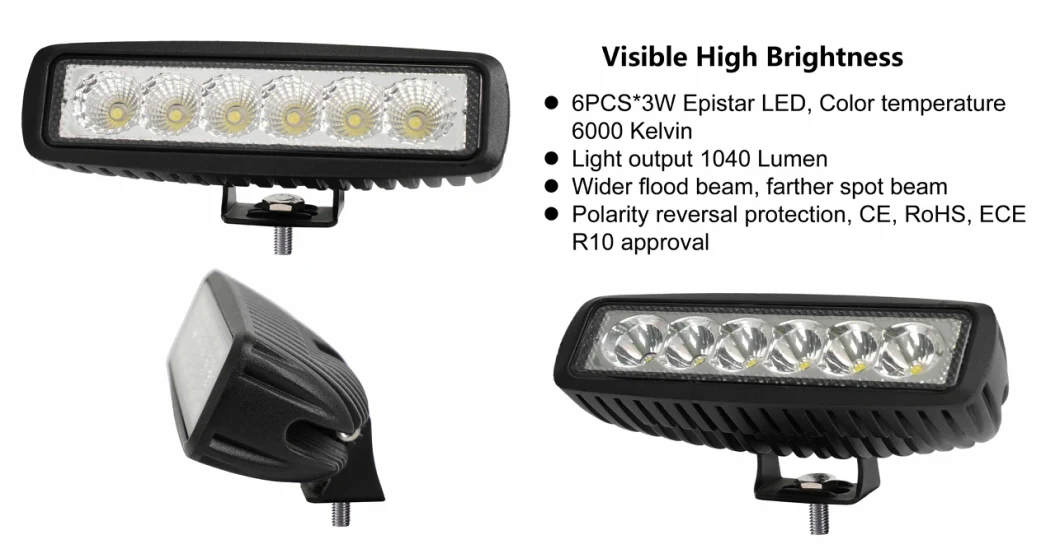 Low Cost Black 18W 6 Inch Slim Emark 12V/24V Epistar LED Work Light for off Road 4X4
