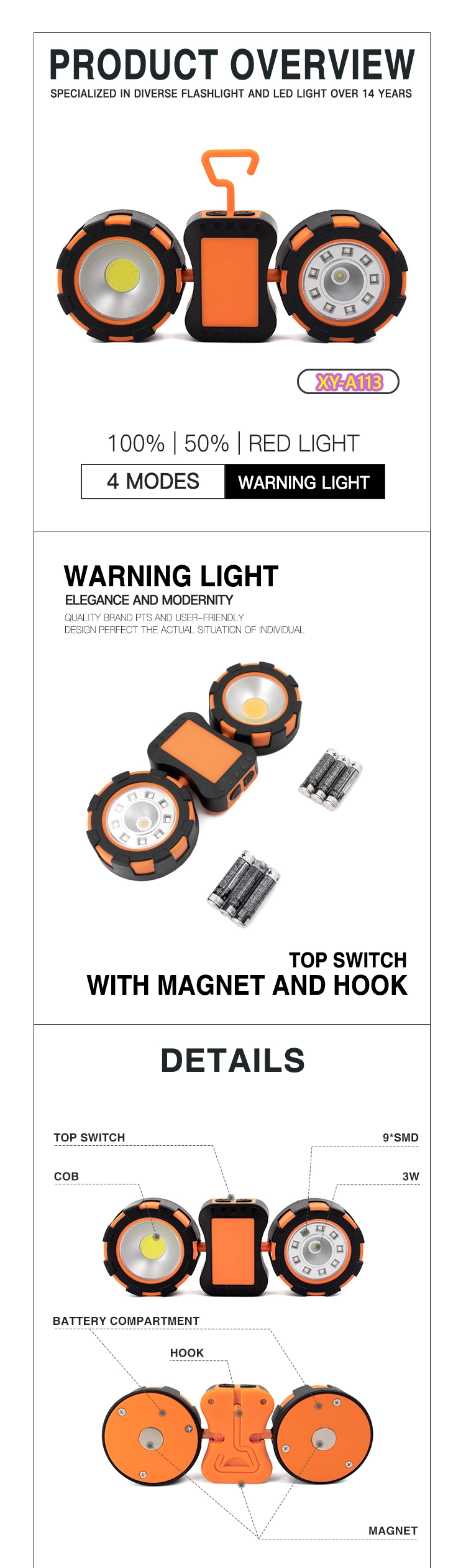 Magnet Hook Wholesale Multifunction Strobe Flashing Truck Car COB Magnetic Foldable Work Light LED Warning Light for Vehicle Car