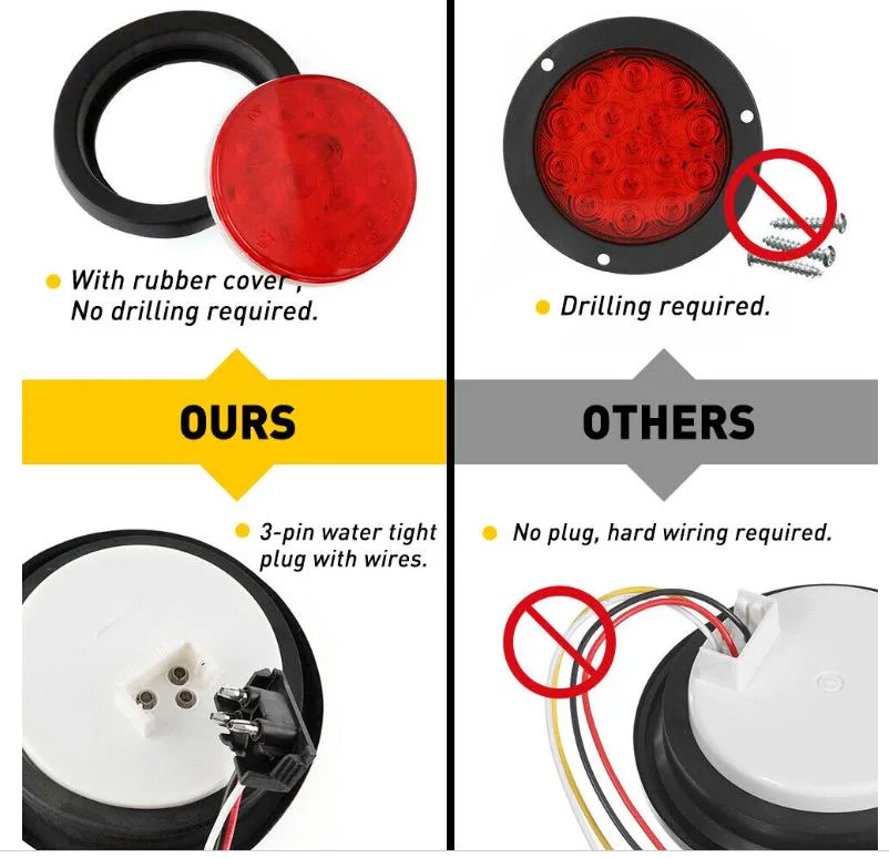 Running Tail Light Reverse Backup Stop Lamp Red Amber White 4 Inch Round 24LEDs for Truck Trailer RV Caravan
